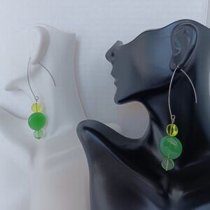 Hand Crafted Retro Earrings With Green Disc Beads On Silver Plated Boomerangs